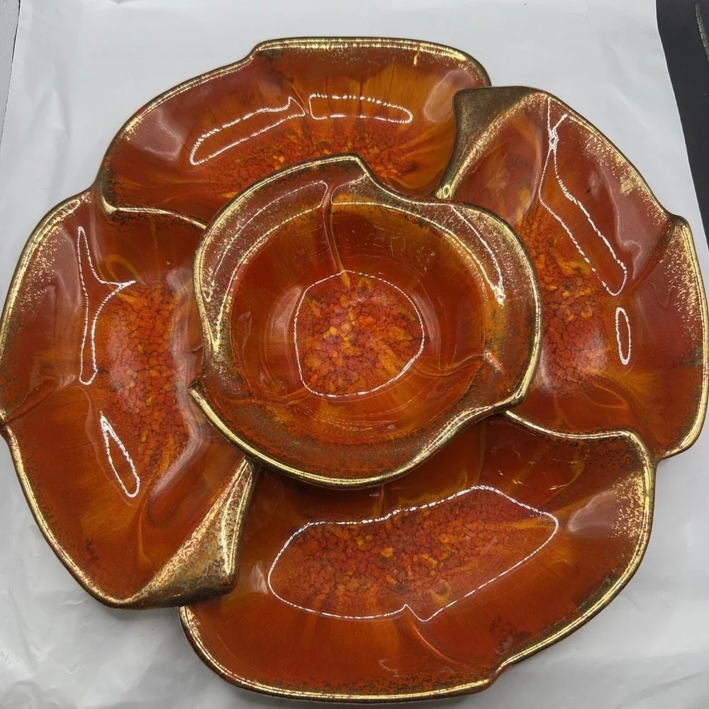 Vintage 1960s California Originals 3pc Chip Dip Set 146 Orange Drip Glaze Gold